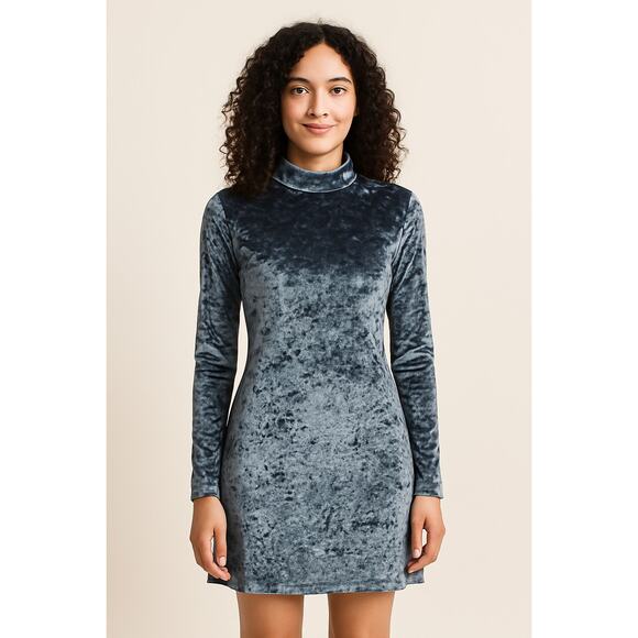 Kinchi Blue 90s Velvet Dress Women Medium Blue Crushed Long Sleeve Mock Neck - Picture 1 of 10